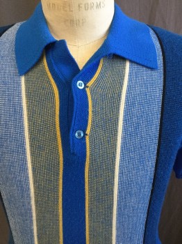 JOHNS MEN'S SHOP, Royal Blue, Black, Yellow, White, Orlon Acrylic, Stripes, Side Ribbed Knit Collar Attached, Ribbed Knit Cuff/Waistband