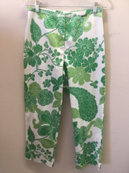 GEIGER, White, Lime Green, Kelly Green, Cotton, Floral, Pants, Zip Front, No Pockets. Slits at Ankle