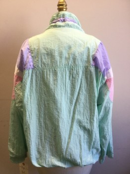LAVON, Mint Green, Lavender Purple, Pink, White, Nylon, Color Blocking, Zip Front Jacket, 2 Pockets, Elastic Waist, Elastic Cuffs, Drawstring Collar, Frosty, Cotton Lining