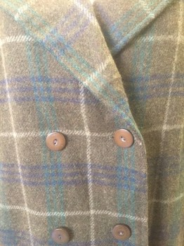 ALORNA, Brown, Forest Green, Navy Blue, Beige, Wool, Plaid-  Windowpane, Double Breasted, Notched Lapel, Padded Shoulders, 2 Pockets at Hips, Mid Calf Length,