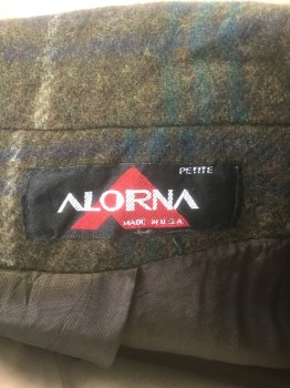 ALORNA, Brown, Forest Green, Navy Blue, Beige, Wool, Plaid-  Windowpane, Double Breasted, Notched Lapel, Padded Shoulders, 2 Pockets at Hips, Mid Calf Length,