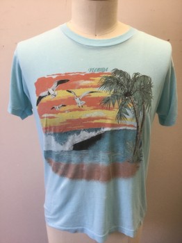 N/L, Lt Blue, Multi-color, Cotton, Graphic, Tropical , with Multicolor Tropical Scene with Palm Trees in the Sunset on the Beach, Seagulls Flying, Etc, "Florida" Text Above Graphic, Real Vintage **Has a Few Small Bleach/Fade Spots