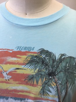 N/L, Lt Blue, Multi-color, Cotton, Graphic, Tropical , with Multicolor Tropical Scene with Palm Trees in the Sunset on the Beach, Seagulls Flying, Etc, "Florida" Text Above Graphic, Real Vintage **Has a Few Small Bleach/Fade Spots