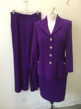 ST.JOHN, Purple, Wool, Solid, Knit Blazer, 4 Gold and Purple Buttons, Collar Attached, 2 Pockets with Buttons, Lightly Padded Shoulders, Princess Seams, No Lining,