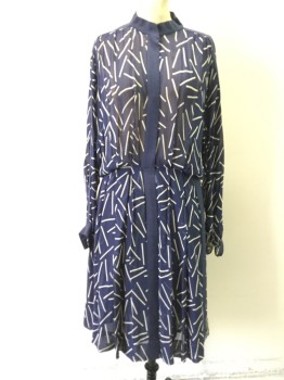 PAULINE TRIGERE, Navy Blue, Off White, Silk, Wool, Novelty Pattern, Navy with Smattering of Off White Lines, Sheer Top, Pleated From Waist Up, Gathered at Shoulders, Solid Heather Navy Wool Stand Collar/Placket/Shoulder Stripe/Skirt Side Stripe/Cuff, Pleated Skirt, Snap Front