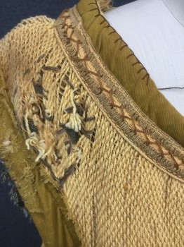 MTO, Butter Yellow, Turmeric Yellow, Slate Blue, Burlap, Cotton, Solid, Made To Order, Butter Colored Burlap, Open Weave, Turmeric Cotton Trim with Brown Blanket Stitching, Brown/Lt Brown Trim, Slate Blue Patches, Scoop Neck, Large Armholes, Floor Length, Aged