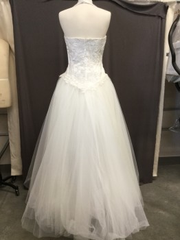 DAVIDS BRIDAL, White, Silver, Polyester, Nylon, Solid, Floral, Halter with Drop Waist A-line, Satin Bodice with Lace and Silver Floral Applique, Tulle Full Skirt, Back Zipper,