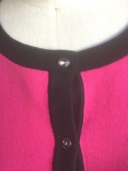 KATE SPADE, Fuchsia Pink, Black, Cotton, Solid, Girls, Fuchsia with Black Edges/Accents, Knit, Long Sleeves, Scoop Neck, Jeweled Buttons