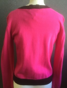 KATE SPADE, Fuchsia Pink, Black, Cotton, Solid, Girls, Fuchsia with Black Edges/Accents, Knit, Long Sleeves, Scoop Neck, Jeweled Buttons