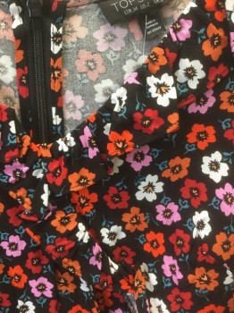 TOP SHOP, Black, Multi-color, Orange, Red, Lt Pink, Viscose, Floral, Black with Red/Pink/Orange/White/Maroon Flower Pattern, 3/4 Sleeves, V-neck with Ruffled Edge, 1.5" Inseam, Ruffled Leg Openings, Center Back Zipper **2 Piece: Comes with Matching Fabric Thin Belt