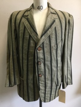 STAGECRAFT STUDIOS, Cream, Black, Wool, Cotton, Stripes - Vertical , Houndstooth, Coarse Weave with Twill Tape Applique Stripes, Notched Lapel, Single Breasted, 3 Oversized Buttons That Are Different From 2 Cuff Buttons, 1 Angled Chest Welt Pocket, 2 Flap Pockets, Center Back Vent, Shoulder Pads, MTO,  Aged