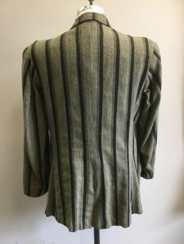 STAGECRAFT STUDIOS, Cream, Black, Wool, Cotton, Stripes - Vertical , Houndstooth, Coarse Weave with Twill Tape Applique Stripes, Notched Lapel, Single Breasted, 3 Oversized Buttons That Are Different From 2 Cuff Buttons, 1 Angled Chest Welt Pocket, 2 Flap Pockets, Center Back Vent, Shoulder Pads, MTO,  Aged