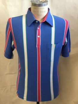TOURNAMENT BY ARROW, French Blue, Red, Off White, Mint Green, Cotton, Polyester, Stripes - Vertical , 3 Button Front, 1 Pocket, Short Sleeves with Cuff