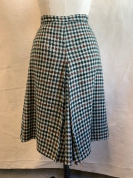 ANNE KLEIN, Forest Green, Brown, White, Lt Blue, Wool, Plaid, 1" Waistband, Button Tab Front Closure, Zip Front, 2 Pockets, Inverted Pleats Center Front and Center Back