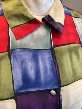 LE CAVIAR, Multi-color, Sage Green, Red, Aubergine Purple, Cream, Polyester, Geometric, Squares of Alternating Colors Pattern, Long Sleeves, Button Front, Collar Attached, Fabric Covered Buttons, Padded Shoulders,