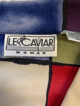 LE CAVIAR, Multi-color, Sage Green, Red, Aubergine Purple, Cream, Polyester, Geometric, Squares of Alternating Colors Pattern, Long Sleeves, Button Front, Collar Attached, Fabric Covered Buttons, Padded Shoulders,