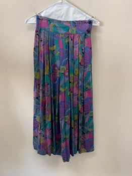 FIRST OPTION, Blue, Purple, Jade Green, Mustard Yellow, Black, Rayon, Floral, Elastic Back Waist, Pleated Front, 2 Hip Pckt, Button Side
