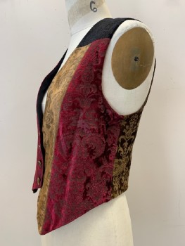 TODD OLDHAM, Black, Red Burgundy, Brown, Rayon, Patchwork, Brocade, 4 Buttons, Single Breasted, V Neck, Velvet Texture
