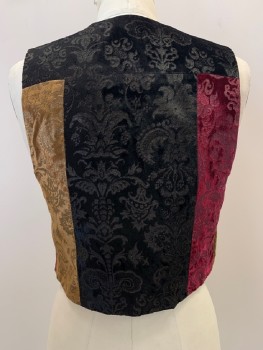 TODD OLDHAM, Black, Red Burgundy, Brown, Rayon, Patchwork, Brocade, 4 Buttons, Single Breasted, V Neck, Velvet Texture