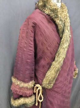 MTO, Red Burgundy, Lt Brown, Mauve Pink, Cotton, Faux Fur, Solid, Stripes, Made To Order, Mongolian Coat, Wrap, Burgundy Cotton Self Woven Stripes, Lined with Light Brown Faux Fur, Mauve Cotton Trim On Sleeves, Sci-Fi/Fantasy