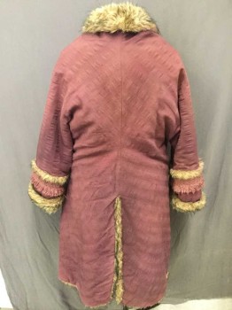 MTO, Red Burgundy, Lt Brown, Mauve Pink, Cotton, Faux Fur, Solid, Stripes, Made To Order, Mongolian Coat, Wrap, Burgundy Cotton Self Woven Stripes, Lined with Light Brown Faux Fur, Mauve Cotton Trim On Sleeves, Sci-Fi/Fantasy