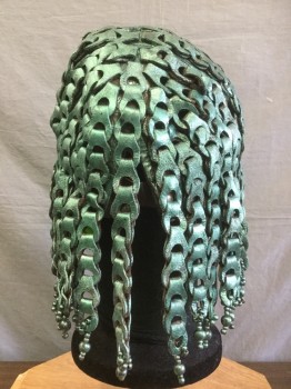 MTO, Metallic, Sea Foam Green, Leather, Leather Loops Create 'Hair', Painted Pearlescent Teal. Beads at Ends and Center Front, Has Elastic Center Back,