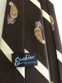 Enchino, Dk Brown, Off White, Peach Orange, Cream, Green, Polyester, Diagonal Stripe with Feather Pattern