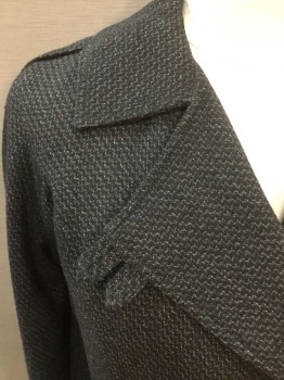 M.T.O., Black, Charcoal Gray, Green, Red, Novelty Pattern, Long Coat, Double Breasted, Tab Button Closure, Collar Attached, Notched Lapel with 2 Tabs On Right Side, Epaulets, Tab Back Neck Closure Around Collar, 2 Diagonal Pockets with Tab Button, Scalloped Folded Over Cuff, Pleated Center Back, Large Button Tab Center Back Waist, Green with Black Leaf and Red Berry Lining, Multiples,
