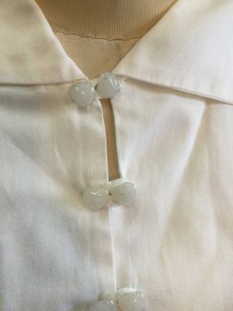 MISS PAT FASHIONS, White, Cotton, Solid, Short Sleeve,  Button Front, Collar Attached, Off White Heart Shaped Buttons, 1 Pocket, **Brown Stains In Front Right Side, Near Hem
