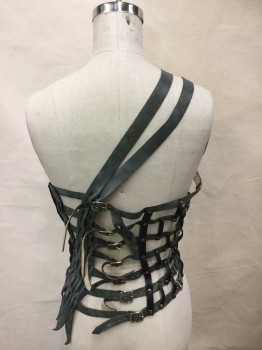 M.T.O., Sage Green, Dk Green, Leather, Open Woven and Rivetted Straps, 7 Buckle Straps In Back, One Shoulder with 2 Straps
