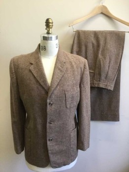 BURBERRY'S, Lt Brown, Dk Brown, Red, Orange, Cream, Wool, Tweed, Single Breasted, Collar Attached, Notched Lapel, 3 Pockets
