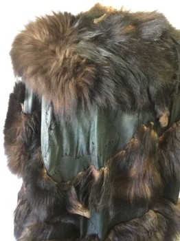 MTO, Dk Brown, Black, Dk Green, Fur, Leather, Bear Fur and Leather Cape, Green Leather, Aged/Distressed,  Bear Head, Heavy Buckle and Strap for Behind the Back to Wear the Cape, Barbarian, Viking, Cave Man,