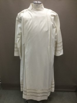 SLABBINCK, Cream, Cotton, Polyester, Solid, Tabbard Like Panel at Front with Self Covered Buttons at Shoulders, Long Sleeves, Wrapped Stand Collar, Floor Length Hem, Open Threadwork Crochet Stripes at Cuffs and Near Hem