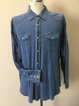 WRANGLER, Lt Blue, Cotton, Solid, Denim with Tan Stitching. Snap Front Clos. Long Sleeves, Collar Attached, with Yoke