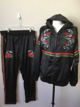 REASON, Black, Red, Green, Gray, Polyester, Novelty Pattern, Stripes - Horizontal , Solid Black Poly Satin with Large Gray Snake with Roses Patches/Appliqués at Either Side of Chest, Red and Green "Snakeskin" Texture Horizontal Stripes Across Center, Long Sleeves, Zip Front, Hooded, Kangaroo Pocket