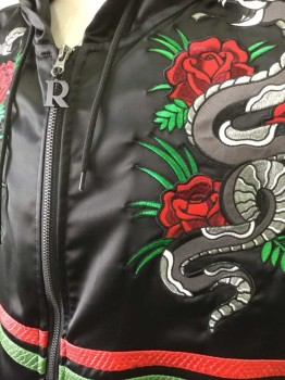 REASON, Black, Red, Green, Gray, Polyester, Novelty Pattern, Stripes - Horizontal , Solid Black Poly Satin with Large Gray Snake with Roses Patches/Appliqués at Either Side of Chest, Red and Green "Snakeskin" Texture Horizontal Stripes Across Center, Long Sleeves, Zip Front, Hooded, Kangaroo Pocket
