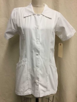 LANDAU, White, Cotton, Polyester, Solid, White, Button Front, Collar Attached, Short Sleeve, 3 Pockets,