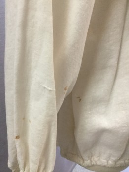 MTO, Off White, Cotton, Solid, B.F., L/S, Sailor Collar, Button Hiding Panel with 2 Rows of Eyelet Holes, Elastic Waistband, Gathered Sleeve Inset, Small Browns Stains Throughout,