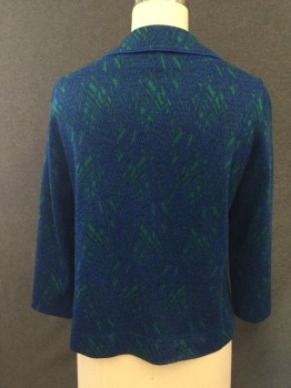 MTO, Blue, Green, Black, Wool, Silk, Abstract , Abstract Web Knit Pattern, Single Breasted, Rounded Collar Attached with Solid Blue Piping, Notched Lapel, 3 Fabric Covered Buttons, 2 Pocket, 3/4 Sleeve