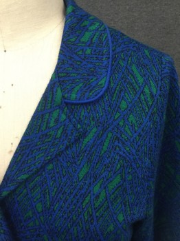 MTO, Blue, Green, Black, Wool, Silk, Abstract , Abstract Web Knit Pattern, Single Breasted, Rounded Collar Attached with Solid Blue Piping, Notched Lapel, 3 Fabric Covered Buttons, 2 Pocket, 3/4 Sleeve