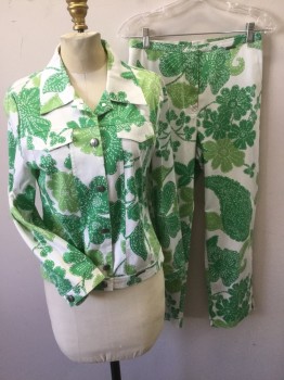 GEIGER, White, Lime Green, Kelly Green, Cotton, Floral, Jean Jacket Style, Button Front, Collar Attached, 2 Faux Flap Pocket,
