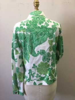 GEIGER, White, Lime Green, Kelly Green, Cotton, Floral, Jean Jacket Style, Button Front, Collar Attached, 2 Faux Flap Pocket,