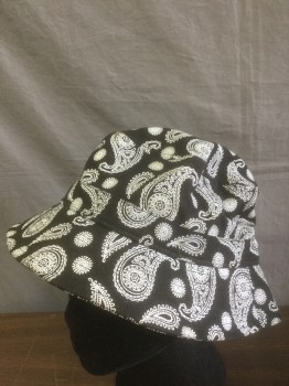 PREMIUM, Black, White, Cotton, Paisley/Swirls, Stitched Brim Bucket Hat, Twill