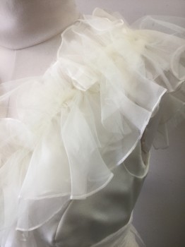 MARCHESA, Ivory White, Silk, Nylon, Solid, Sleeveless with Voluminous Tulle Ruffles at V-neck, Gathered Chiffon 4" Wide Waistband, Tulle Ruffled "Peplum" Detail, Floor Length, Invisible Zipper at Center Back