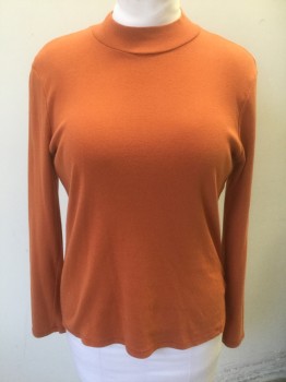 KATE HILL, Orange, Cotton, Solid, Rib Knit Jersey, Long Sleeves, Mock Neck,
