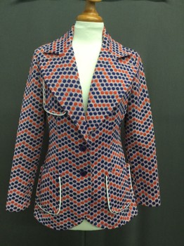 THAT GIRL, Red, White, Blue, Polyester, Polka Dots, Diamonds, Unlined Double Knit, 3 Patch Pockets with White Piping, 2 Button, Wide Notched Lapel, Bold Beautiful Lady's Jacket,
