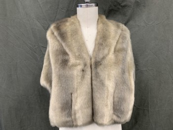 N/L, Taupe, Faux Fur, Solid, Capelet, Shawl Collar Attached at the Front, Open Front, Slight Chevron Pattern at Back, Longer in Front, 2 Pockets,