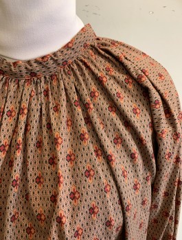 N/L MTO, Brown, Navy Blue, Dk Red, Ochre Brown-Yellow, Cotton, Geometric, Calico , Hexagons Pattern, Long Sleeves, Round Neck, Buttons in Back, Gathered at Neckline, Elastic Cuffs, Made To Order Prairie Frontier Woman