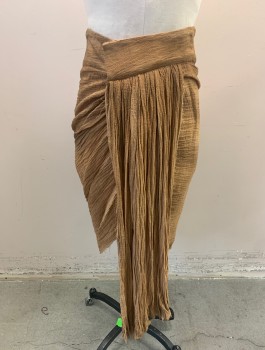 N/L MTO, Caramel Brown, Linen, Solid, Gauze, 3" Wide Waistband with Velcro Closure in Front, Hanging Vertical Drape at Center Front, Hem Below Knee, Raw Edges at Hem, Lightly Aged, Made To Order