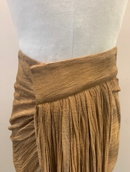 N/L MTO, Caramel Brown, Linen, Solid, Gauze, 3" Wide Waistband with Velcro Closure in Front, Hanging Vertical Drape at Center Front, Hem Below Knee, Raw Edges at Hem, Lightly Aged, Made To Order